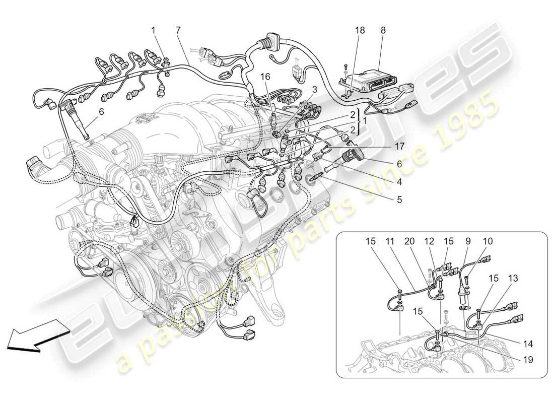 maserati granturismo (2009) control electrónico: diagrama de piezas de control de sincronización del motor y inyección