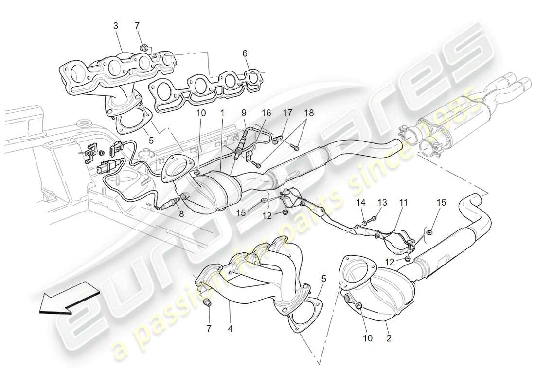 maserati granturismo (2009) diagrama de piezas de convertidores precatalíticos y convertidores catalíticos