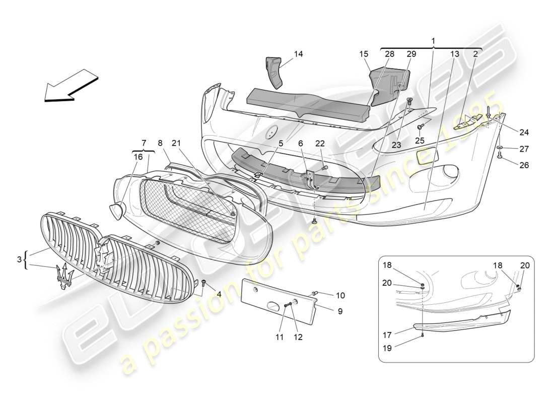 maserati granturismo (2010) diagrama de piezas del parachoques delantero