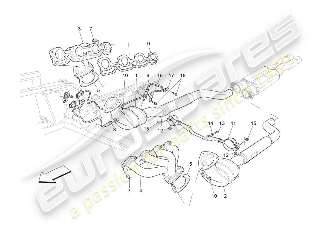 maserati granturismo (2015) diagrama de piezas de convertidores precatalíticos y convertidores catalíticos