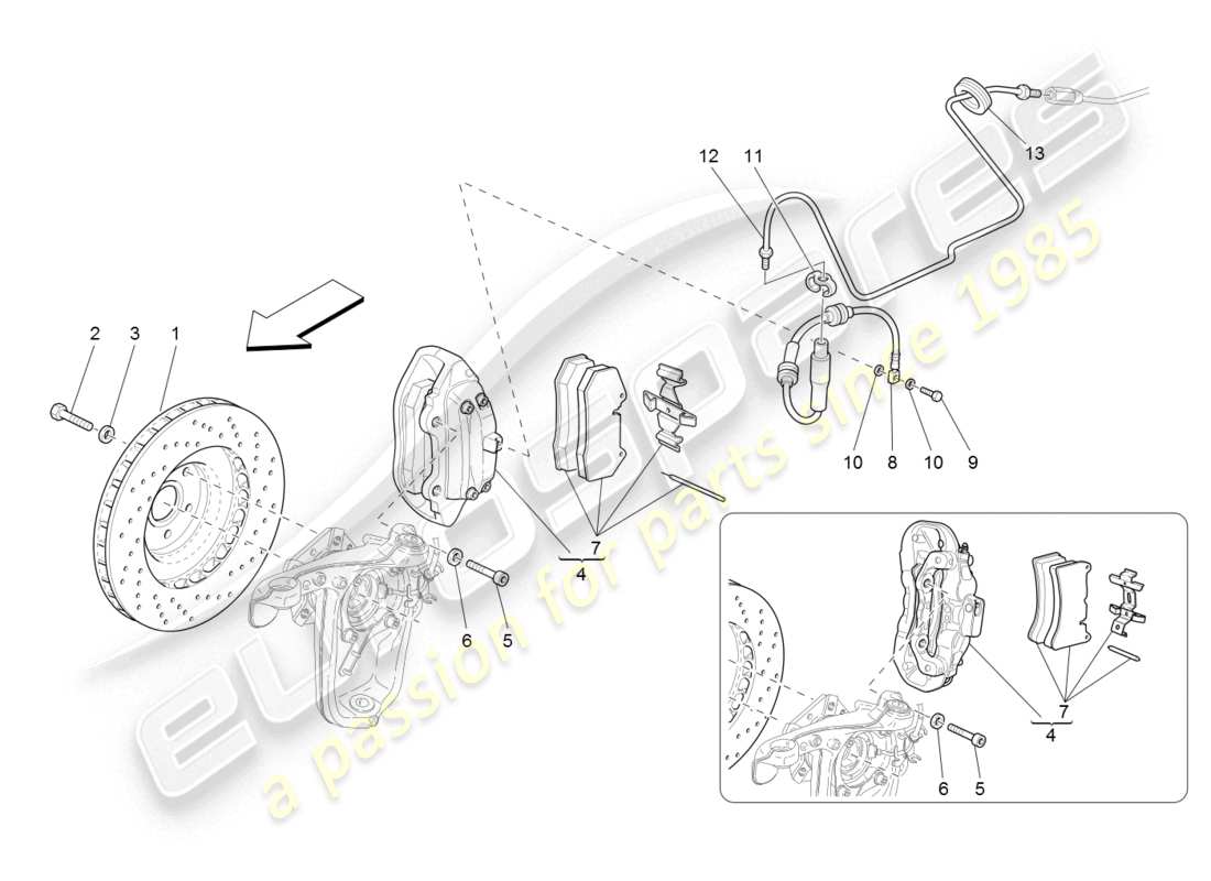 maserati granturismo (2008) diagrama de piezas de los dispositivos de frenado en las ruedas delanteras