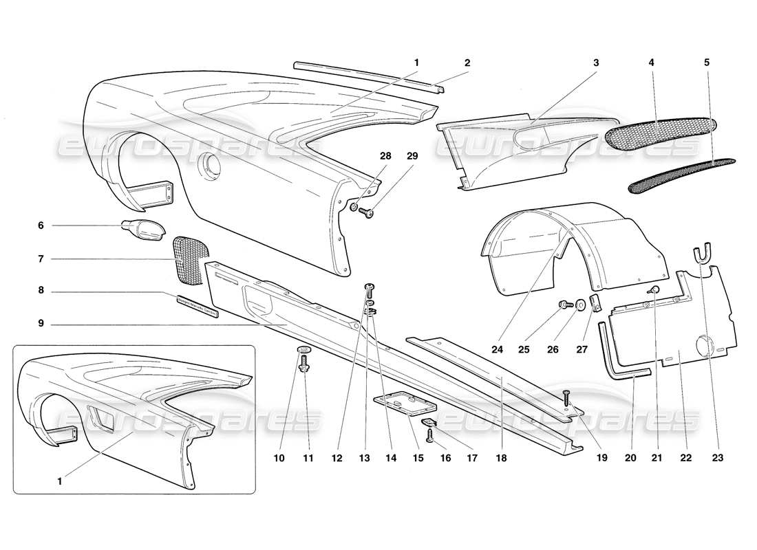 lamborghini diablo sv (1998) elementos de la carrocería: diagrama de piezas del flanco derecho