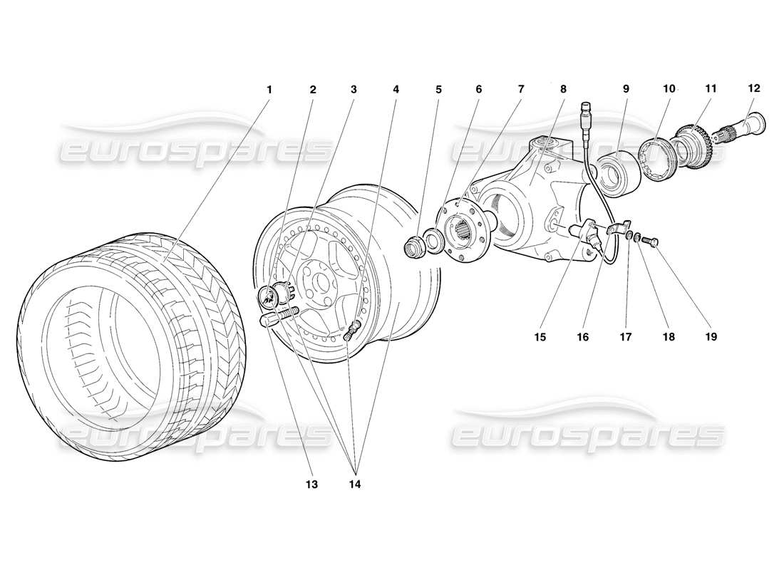 lamborghini diablo sv (1998) diagrama de piezas del portabujes y rueda delantera