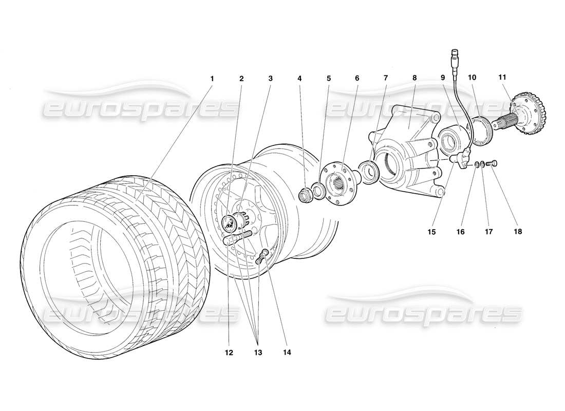 lamborghini diablo sv (1998) diagrama de piezas del portabujes y rueda trasera