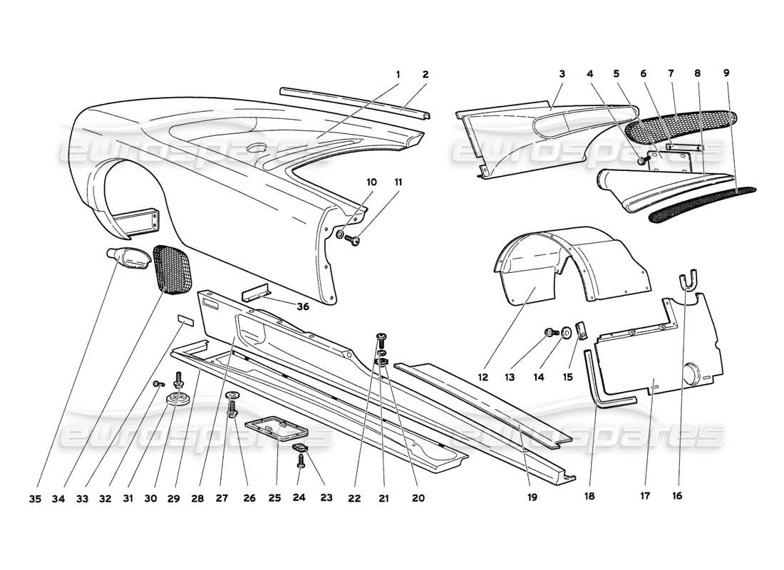 lamborghini diablo 6.0 (2001) elementos de la carrocería: diagrama de la parte del lado derecho