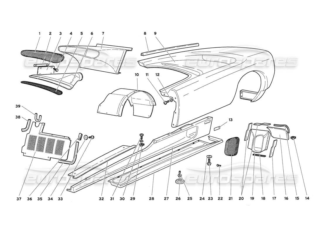 lamborghini diablo 6.0 (2001) elementos de la carrocería: diagrama de la pieza del lado izquierdo