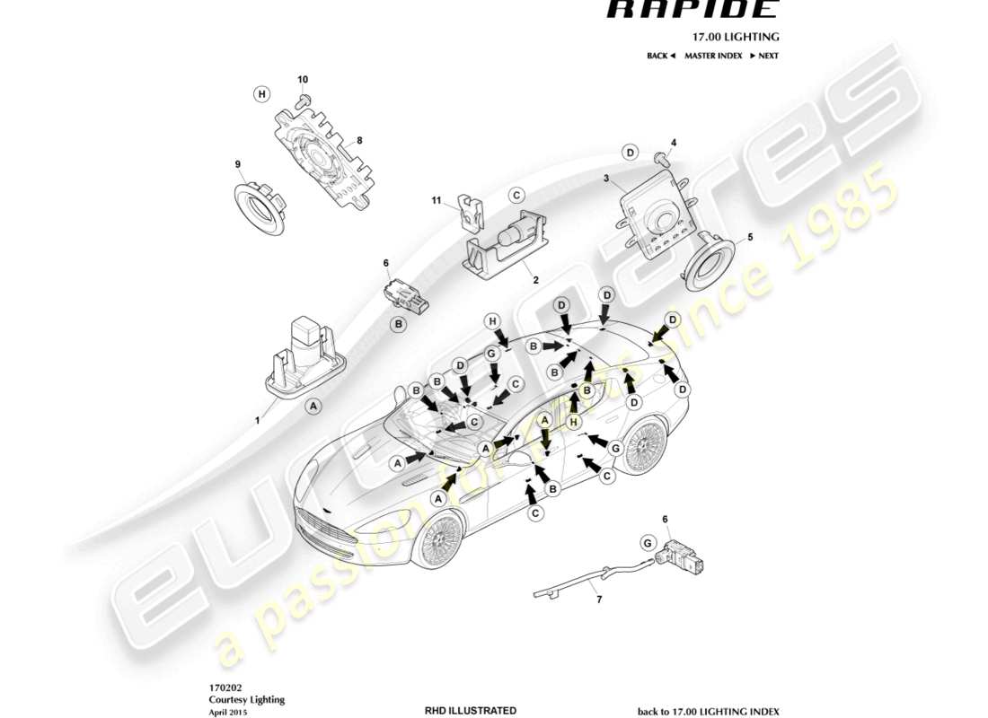aston martin rapide (2010) diagrama de piezas de iluminación de cortesía