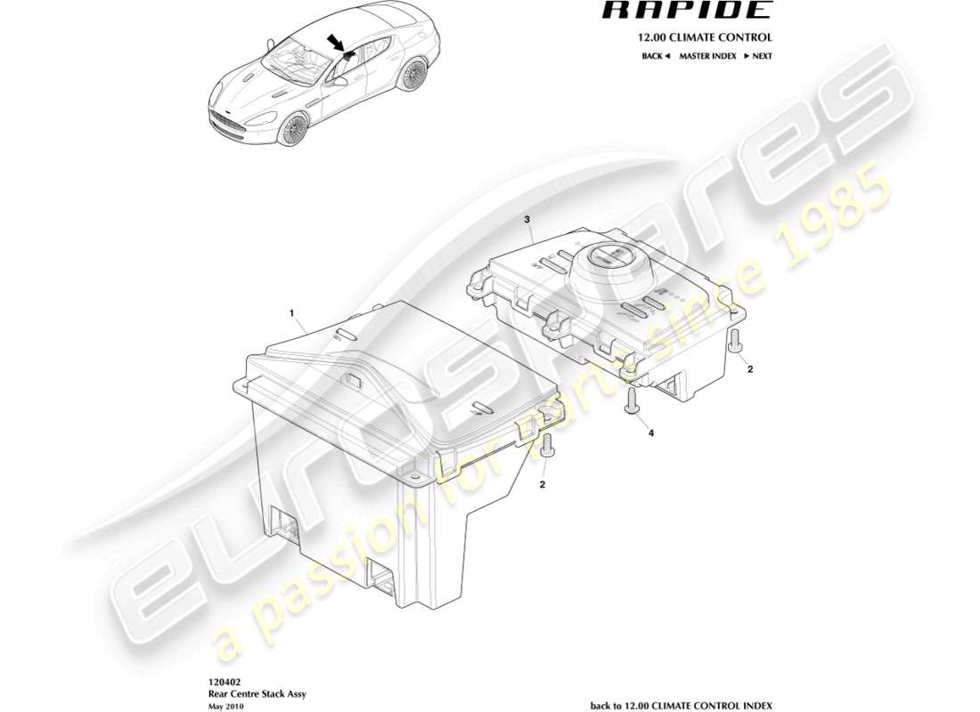 aston martin rapide (2012) controles de hvac traseros diagrama de piezas