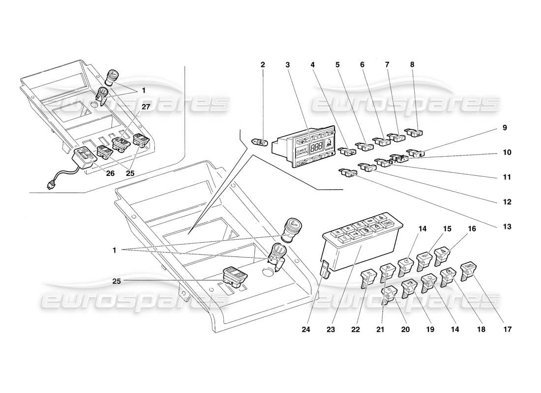 lamborghini diablo sv (1998) instrumentos del panel del túnel diagrama de piezas