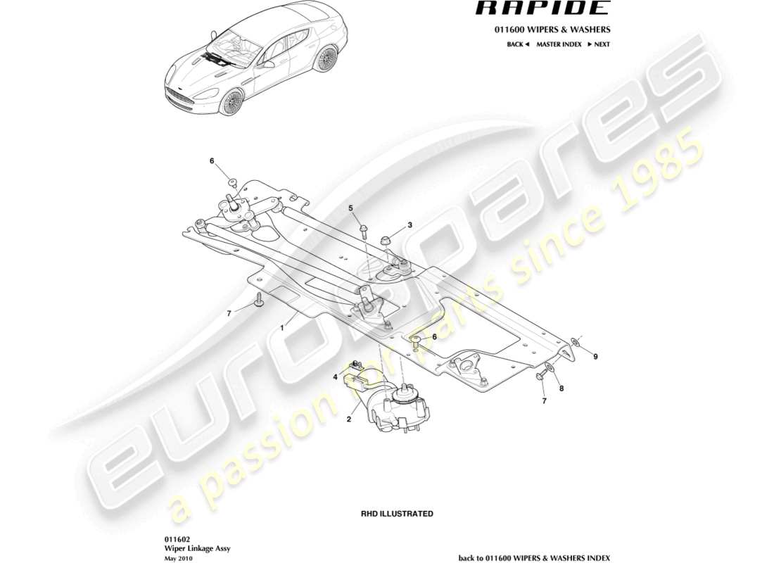 aston martin rapide (2019) varillaje del limpiaparabrisas diagrama de piezas