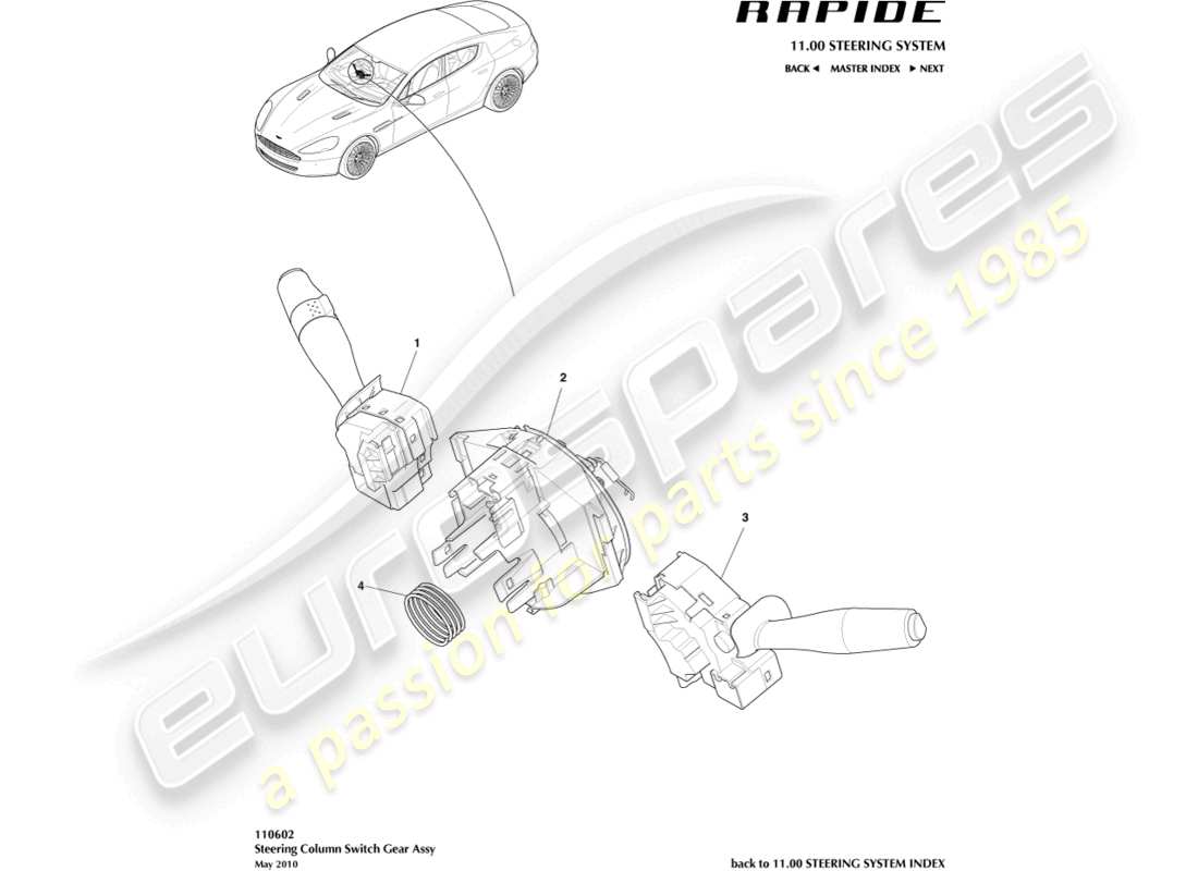 aston martin rapide (2019) conjunto de interruptor de columna diagrama de piezas