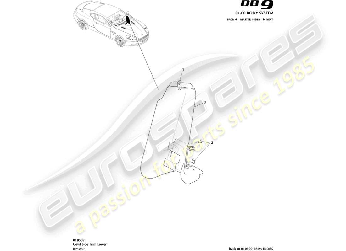 aston martin db9 (2008) guarnición lateral del capó, diagrama de la pieza inferior