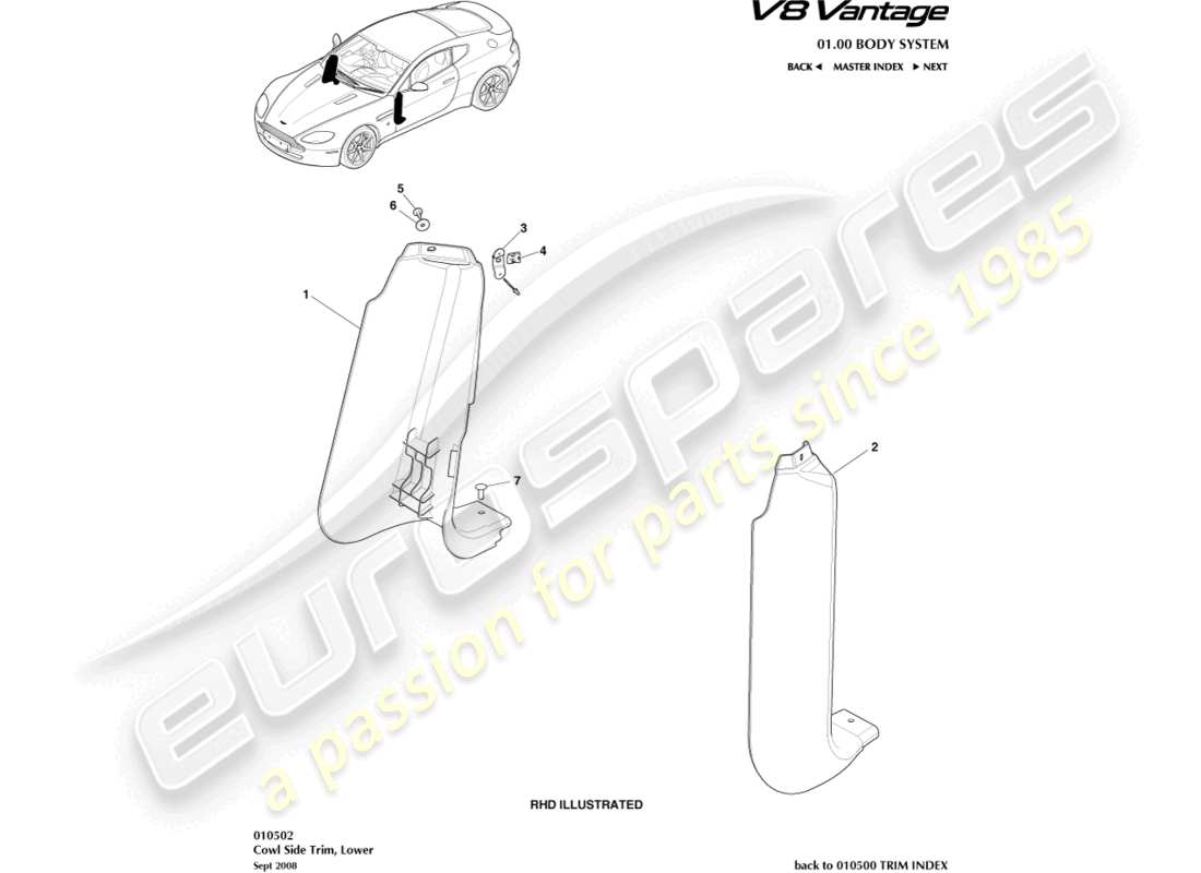 un diagrama de piezas del catálogo de piezas Aston Martin V8 Vantage (2016)