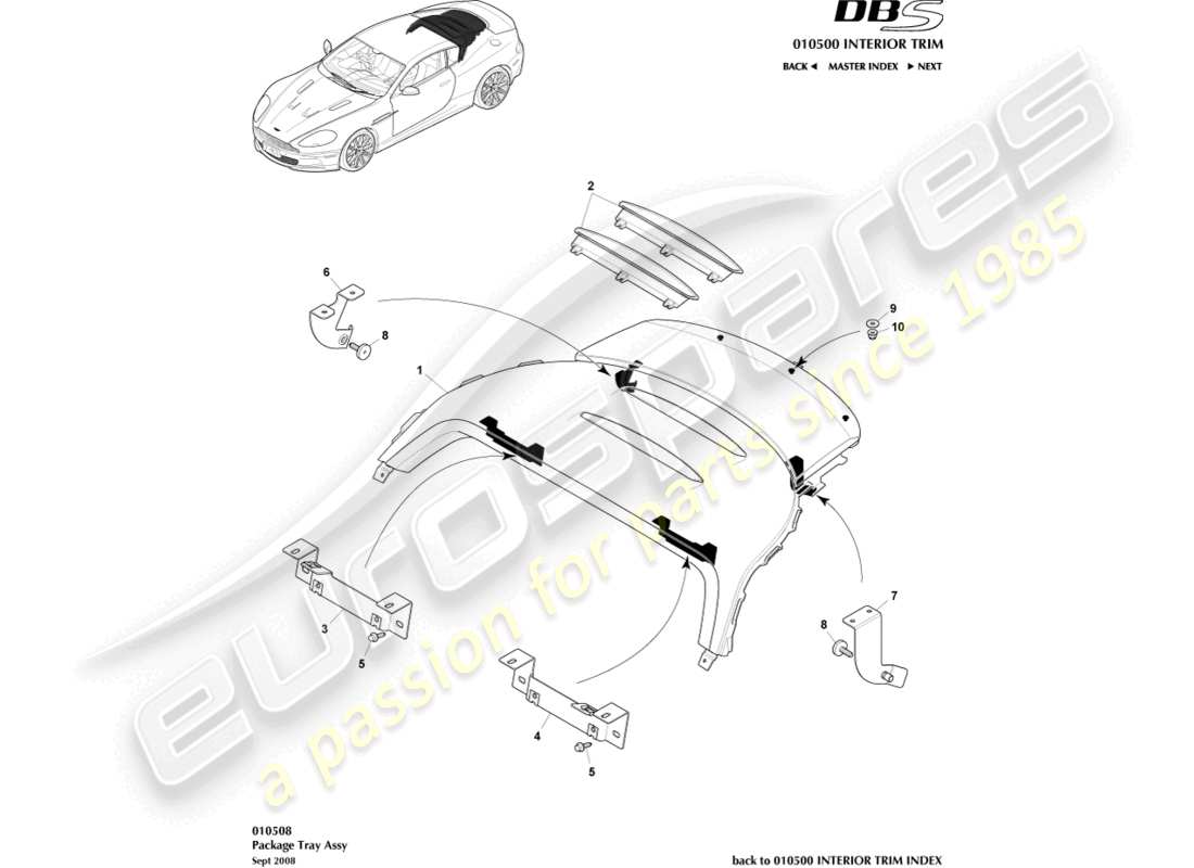 aston martin dbs (2009) conjunto de bandeja de paquete diagrama de piezas