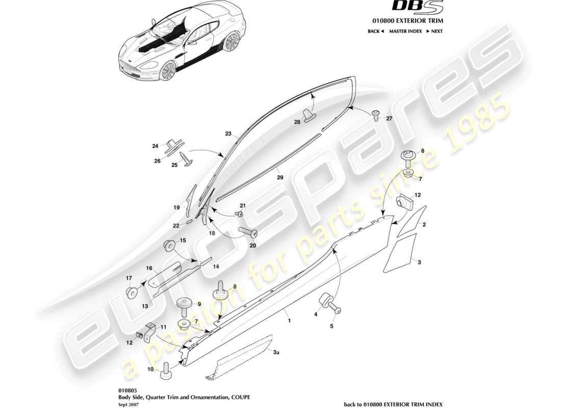 aston martin dbs (2009) moldura lateral y lateral de la carrocería, cupé diagrama de piezas