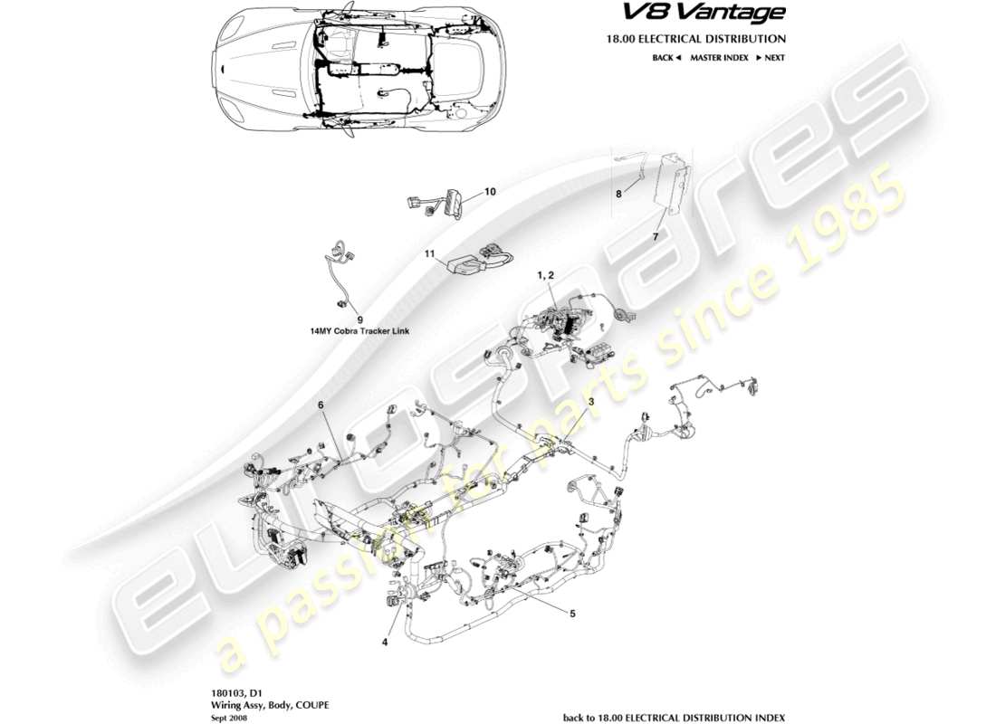 aston martin v8 vantage (2018) arnés corporal, diagrama de piezas del cupé