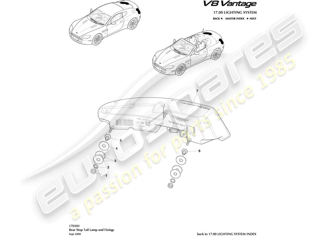 aston martin v8 vantage (2006) diagrama de piezas de las luces traseras