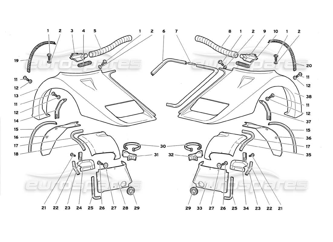 lamborghini diablo gt (1999) elementos de la carrocería delantera diagrama de piezas de los elementos de la carrocería delantera