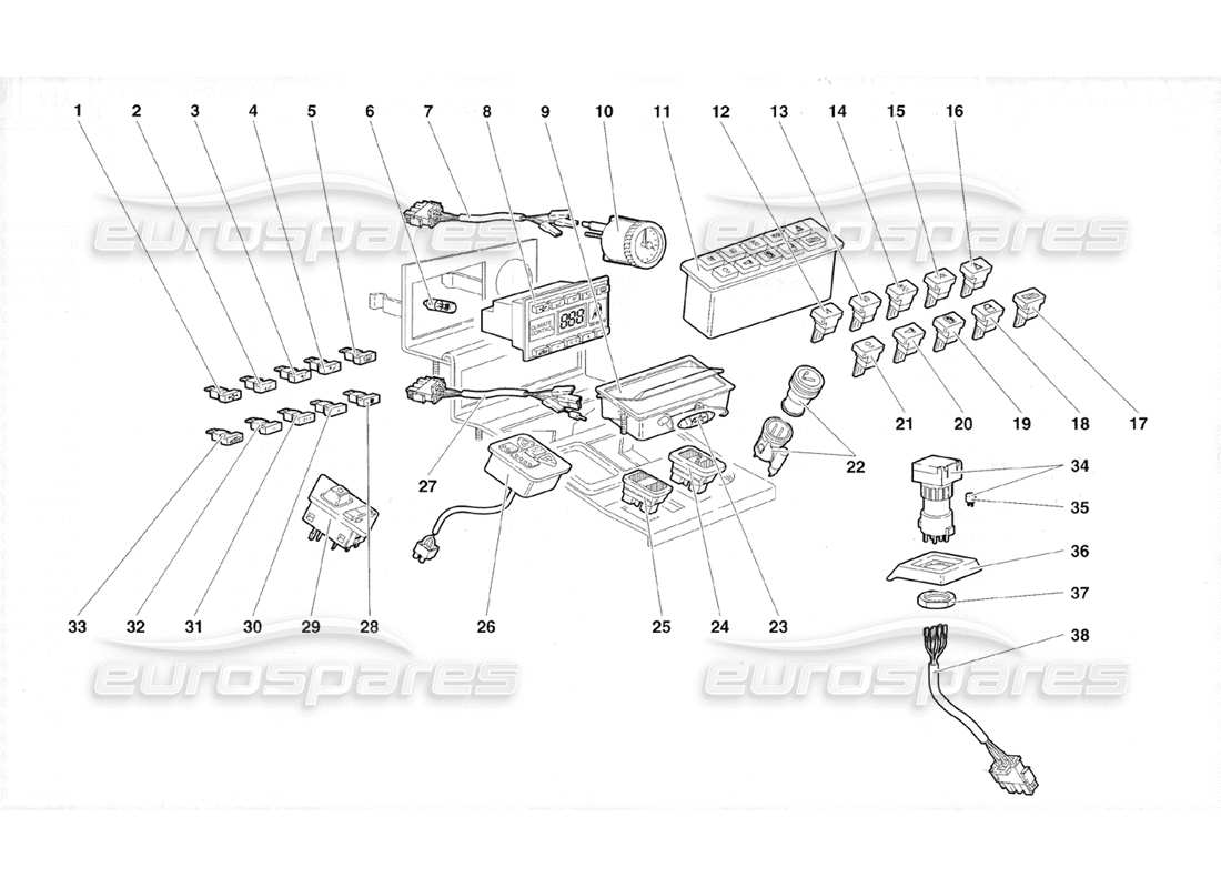 lamborghini diablo roadster (1998) diagrama de piezas de instrumentos del panel del túnel