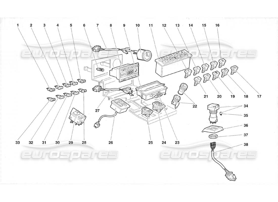 lamborghini diablo roadster (1998) instrumentos del panel del túnel diagrama de piezas