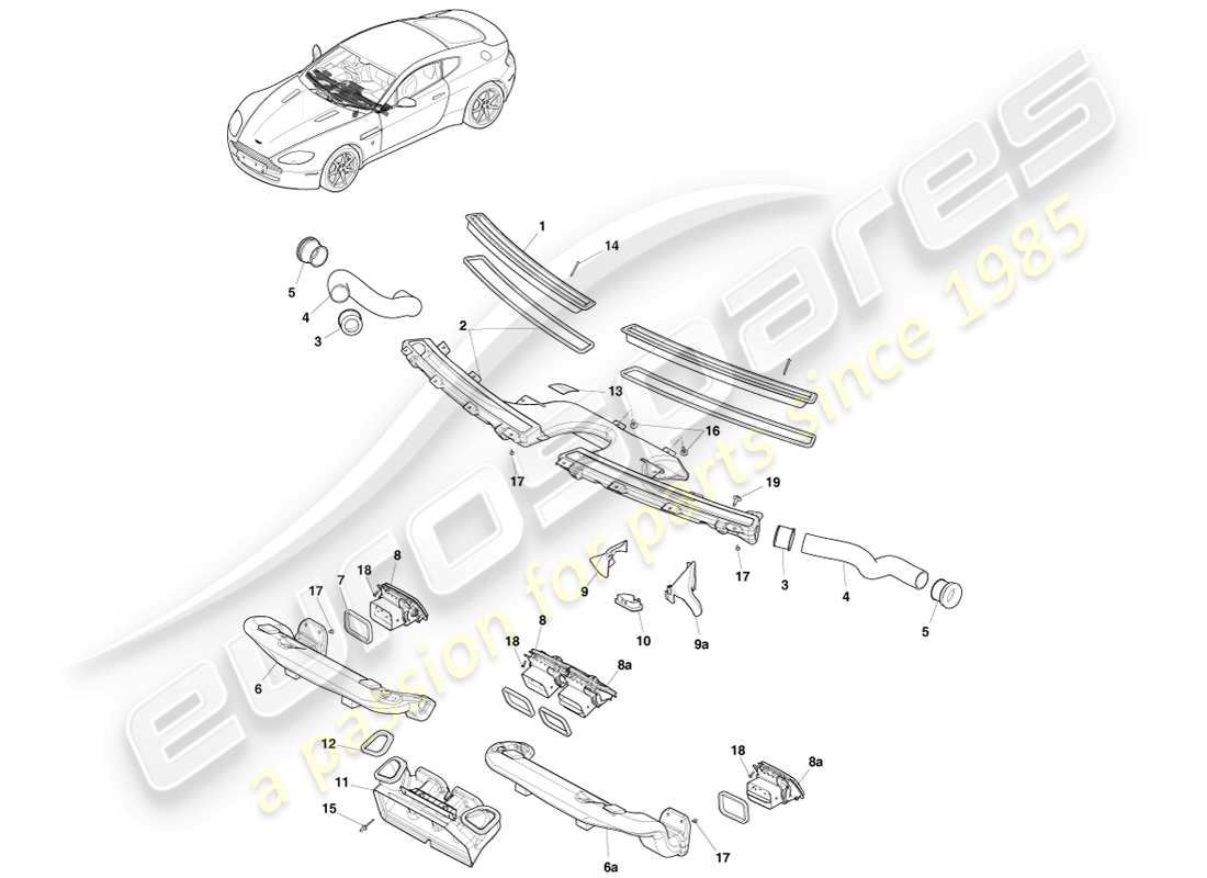 aston martin v8 vantage (2005) diagrama de piezas de los componentes de distribución de aire