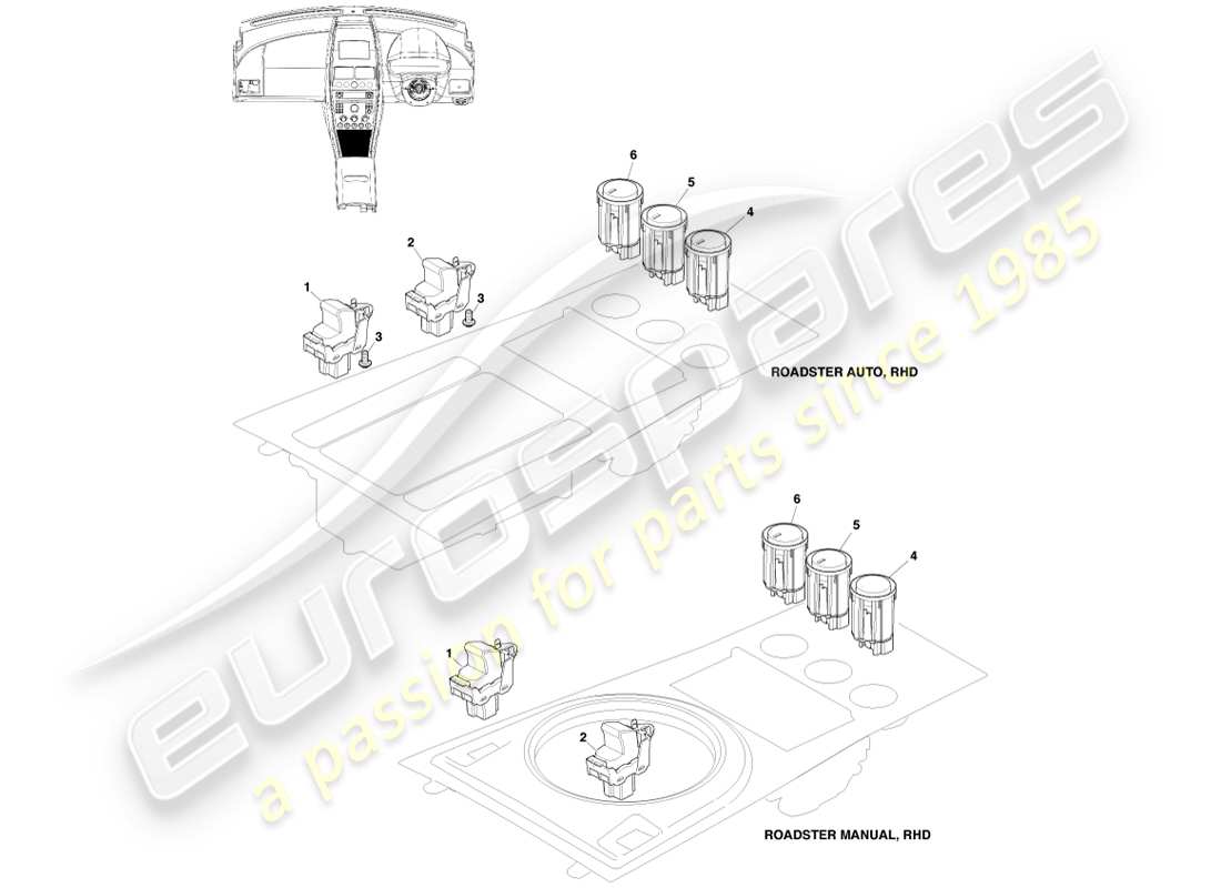 aston martin v8 vantage (2005) interruptores de consola, diagrama de piezas del roadster