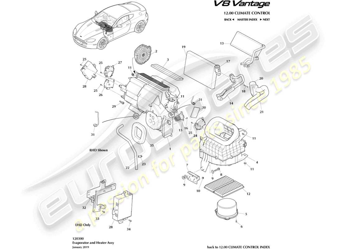 aston martin v8 vantage (2012) diagrama de piezas del evaporador y calentador