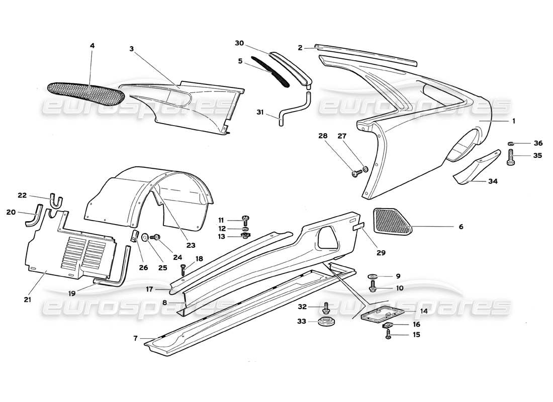 lamborghini diablo gt (1999) elementos de la carrocería: diagrama de piezas del flanco izquierdo
