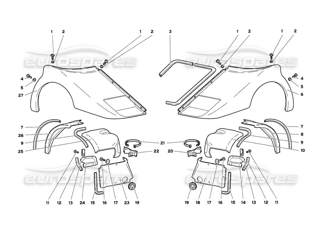 lamborghini diablo 6.0 (2001) diagrama de piezas de los elementos delanteros del cuerpo