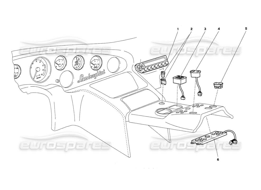 lamborghini diablo 6.0 (2001) diagrama de piezas de instrumentos del panel del túnel