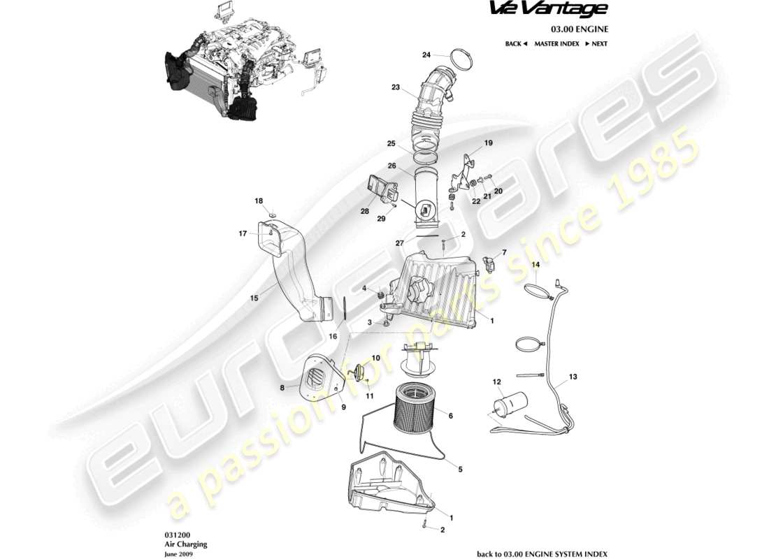 aston martin v12 vantage (2010) diagrama de piezas de carga de aire