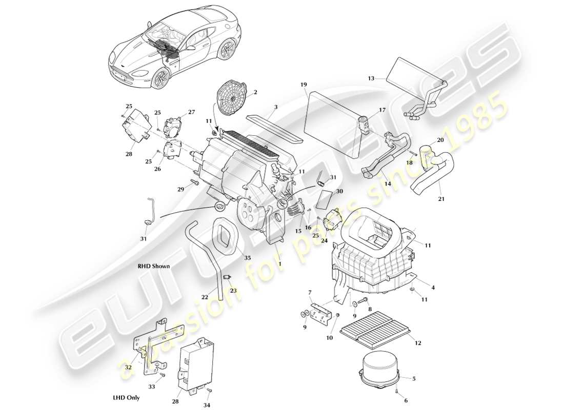 aston martin v8 vantage (2005) diagrama de piezas del evaporador y calentador