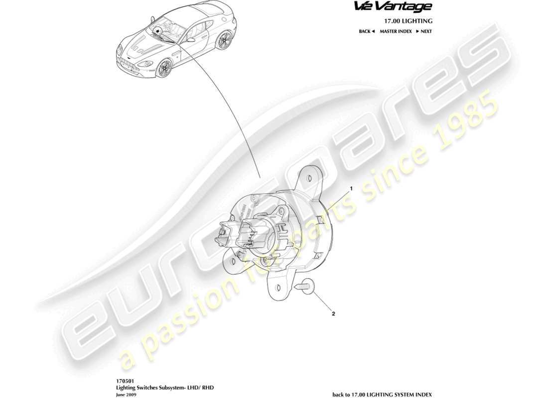 aston martin v12 vantage (2011) diagrama de piezas del interruptor de iluminación