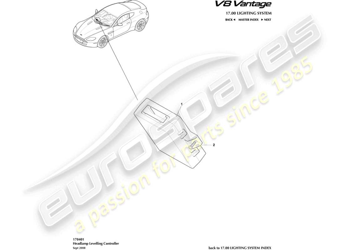 aston martin v8 vantage (2006) diagrama de piezas del controlador de nivelación de faros