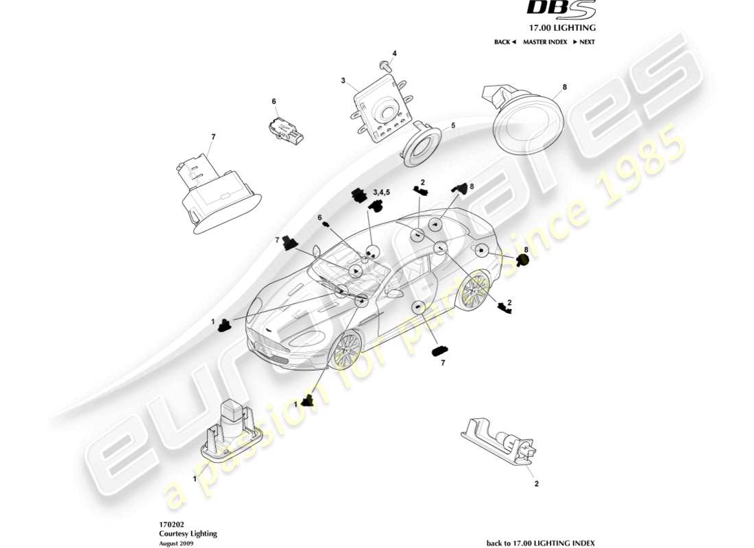 aston martin dbs (2013) diagrama de piezas de iluminación de cortesía