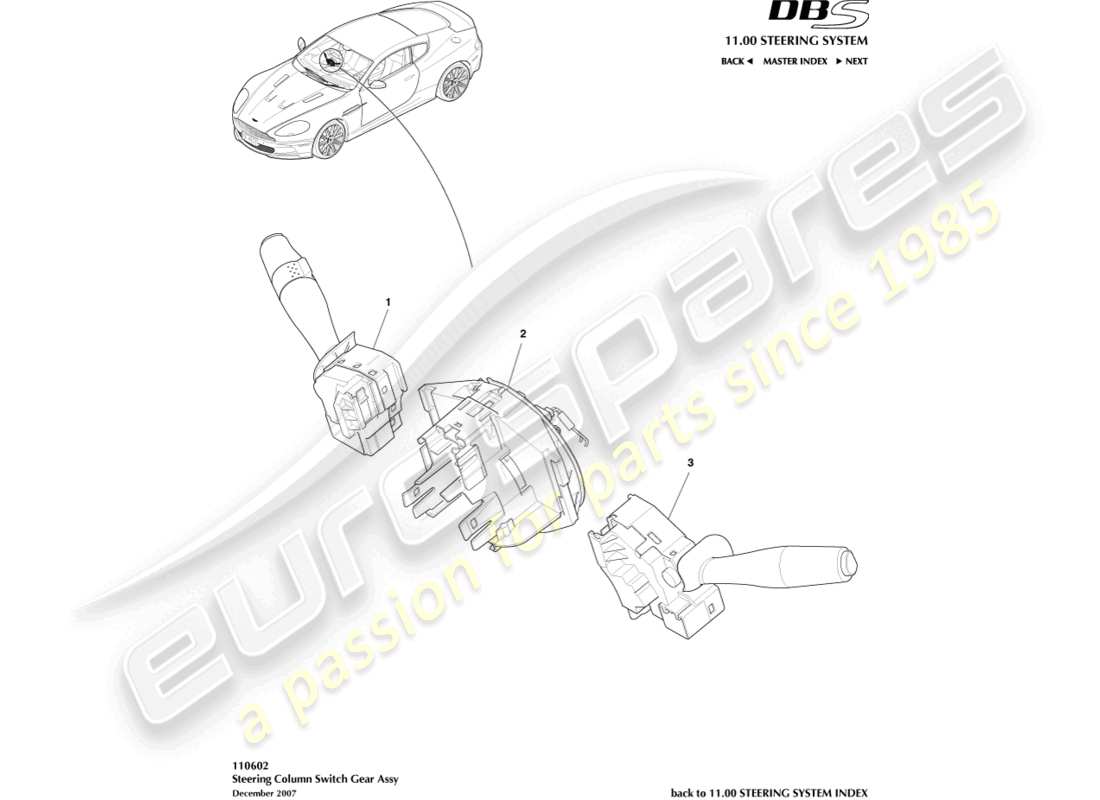 aston martin dbs (2013) diagrama de piezas del interruptor de la columna de dirección