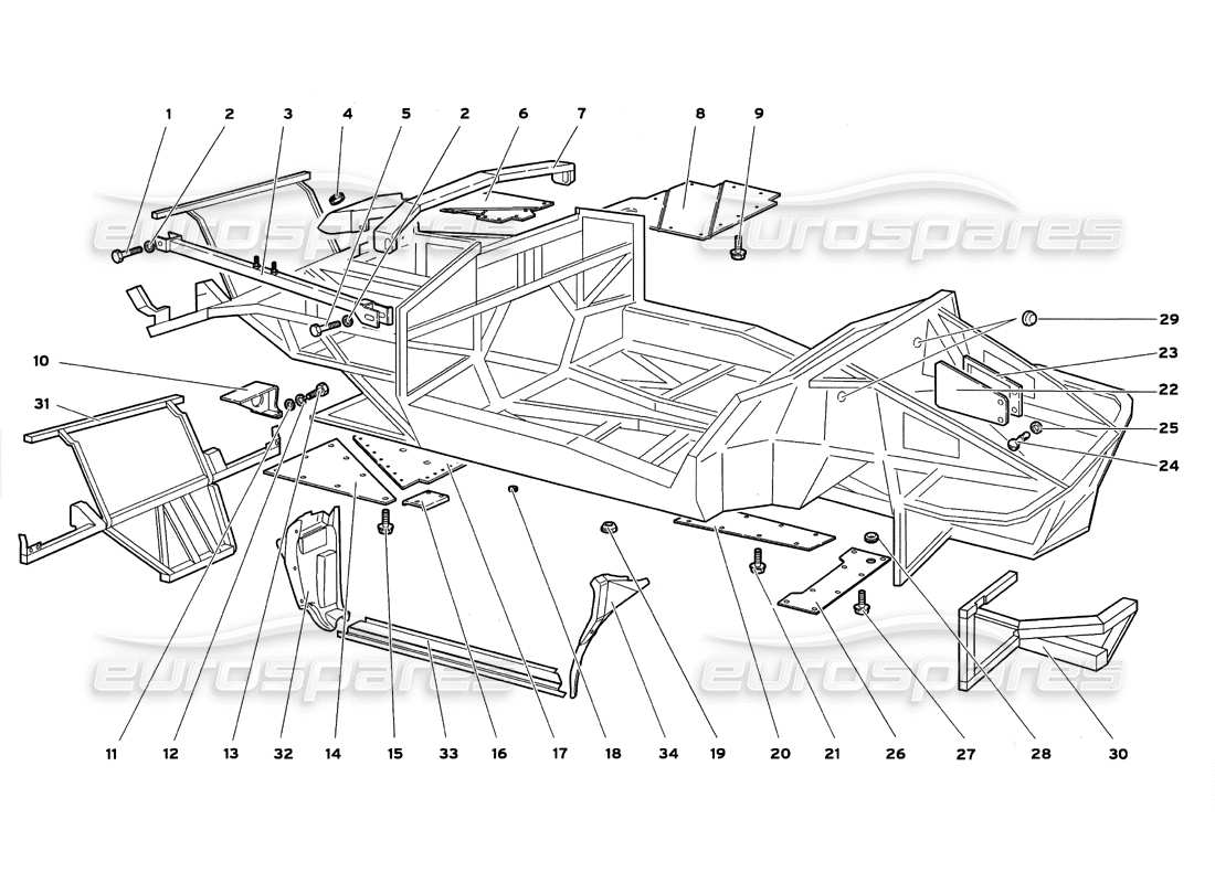 lamborghini diablo gt (1999) elementos del marco diagrama de piezas