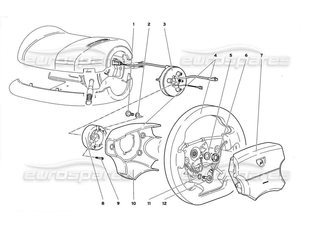 lamborghini diablo gt (1999) diagrama de piezas del sistema de dirección con bolsa de aire