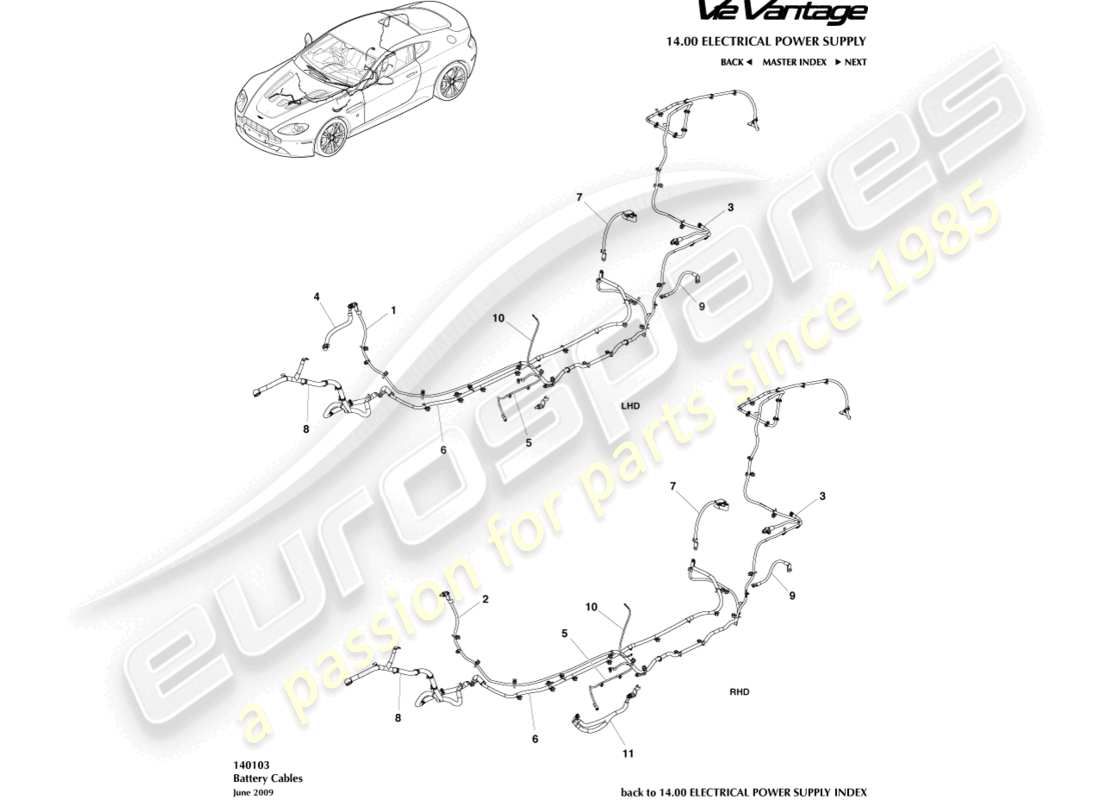aston martin v12 vantage (2010) diagrama de piezas de cables de batería