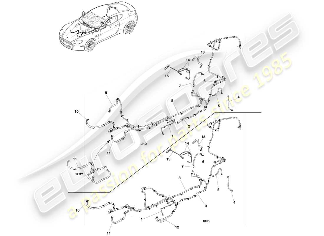 aston martin v8 vantage (2005) diagrama de piezas de cables de batería