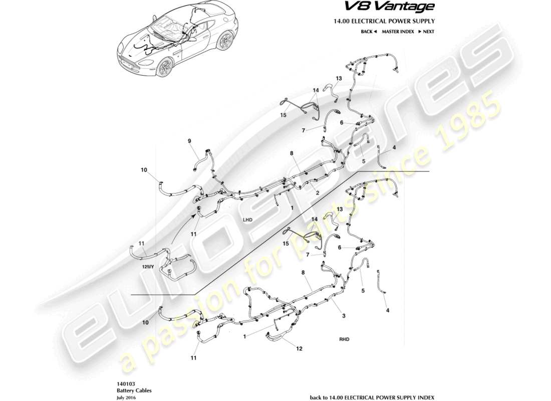 aston martin v8 vantage (2013) diagrama de piezas de cables de batería