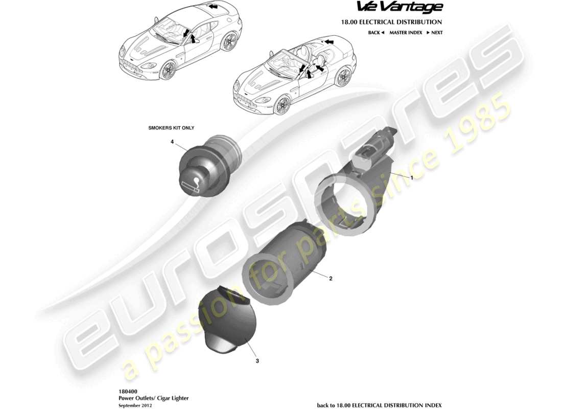 aston martin v12 vantage (2011) encendedor de cigarros, diagrama de piezas del enchufe auxiliar