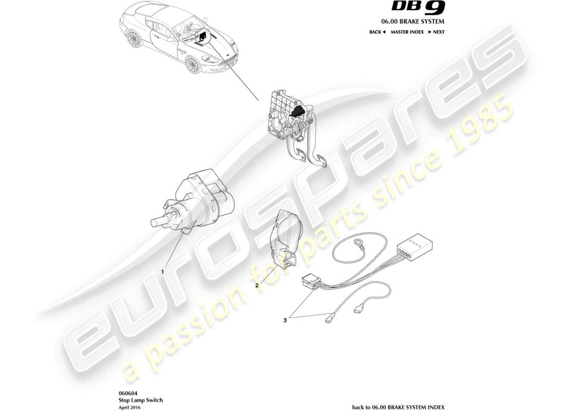 aston martin db9 (2006) diagrama de piezas del interruptor de la lámpara de freno