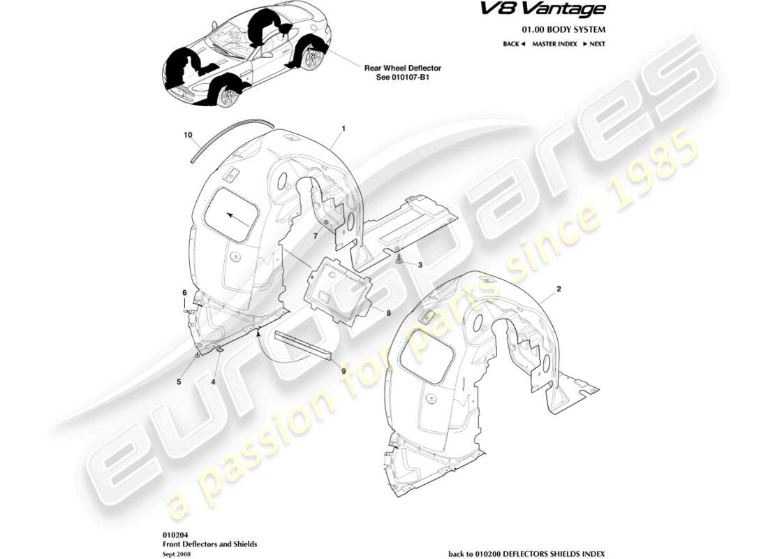 aston martin v8 vantage (2014) diagrama de piezas de los pasos de rueda delantera