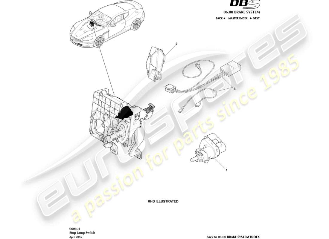 aston martin dbs (2014) diagrama de piezas del interruptor de la lámpara de freno