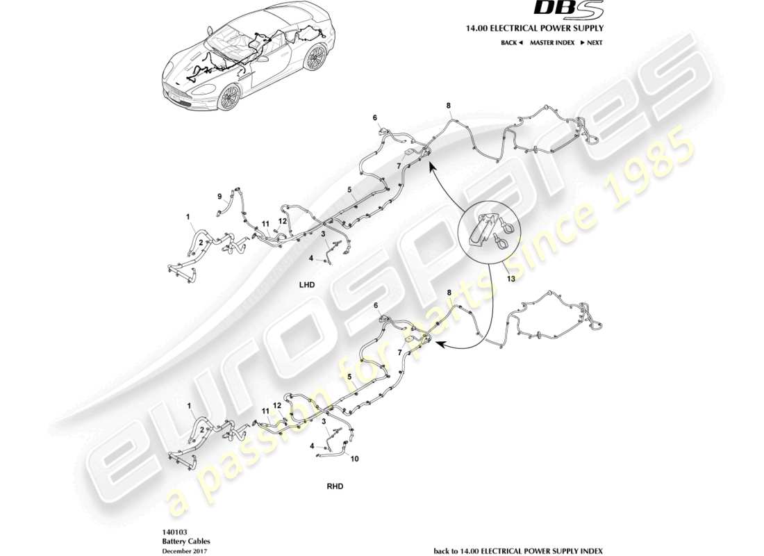 aston martin dbs (2014) diagrama de piezas de cables de batería
