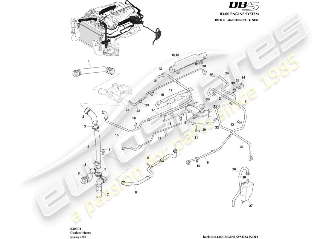 aston martin dbs (2013) diagrama de piezas del depósito y mangueras de refrigerante