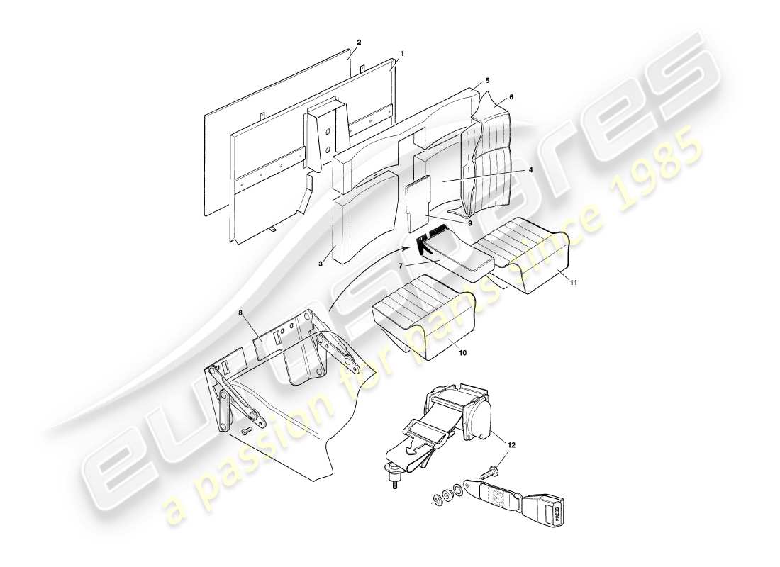 aston martin v8 coupe (2000) diagrama de piezas de asientos y cinturones traseros