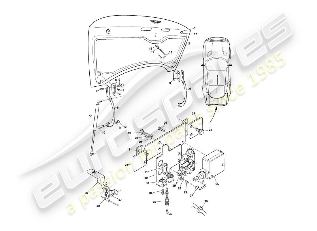 aston martin v8 coupe (2000) tapa del maletero, vin v79080 y v79074 en el diagrama de piezas