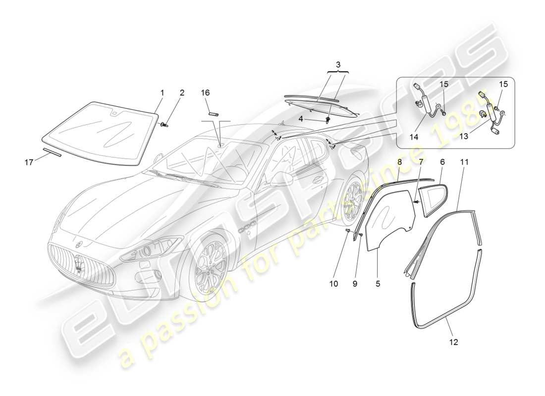 maserati granturismo (2008) diagrama de piezas de ventanas y listones de ventanas